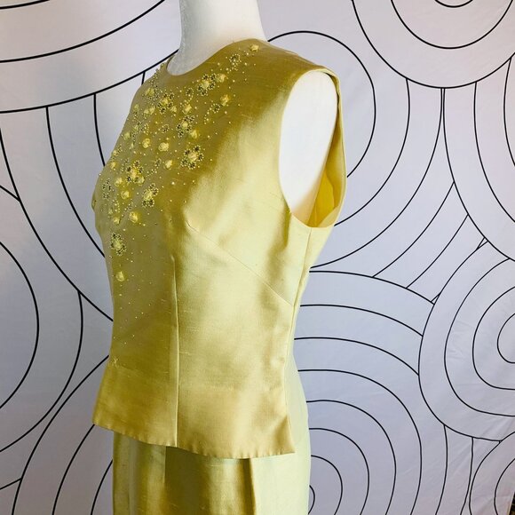 Vintage 60s 3-Piece Slubbed Silk Suit Embellished w/ Rhinestones, Pearls, Sz 14 - Picture 15 of 16